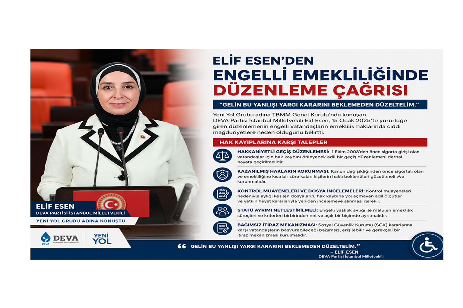 DEVA Partili Elif Esen: "Engelliler İçin Öngörülebilir Bir Emeklilik Sistemi Kurulmalı